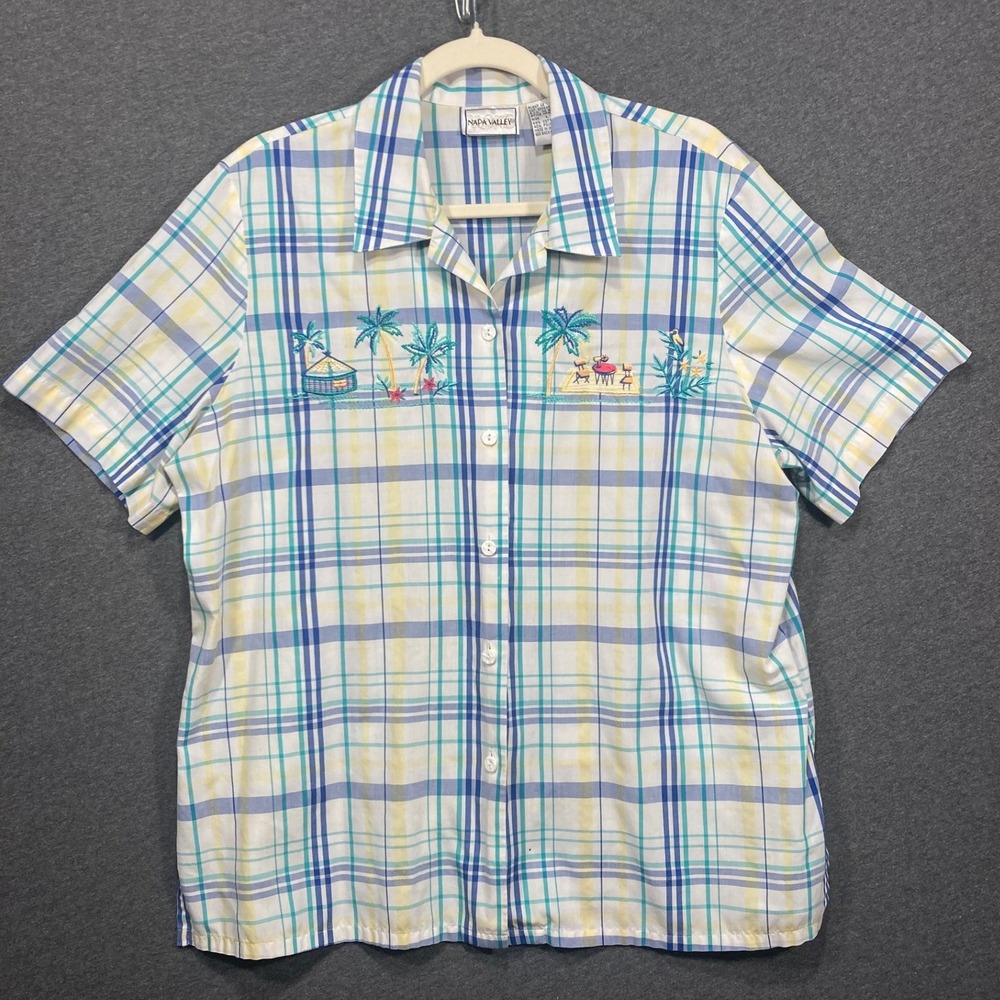 Napa‎ Valley Womens Blue Yellow Plaid Tropical Embroidered Button Up Shirt L